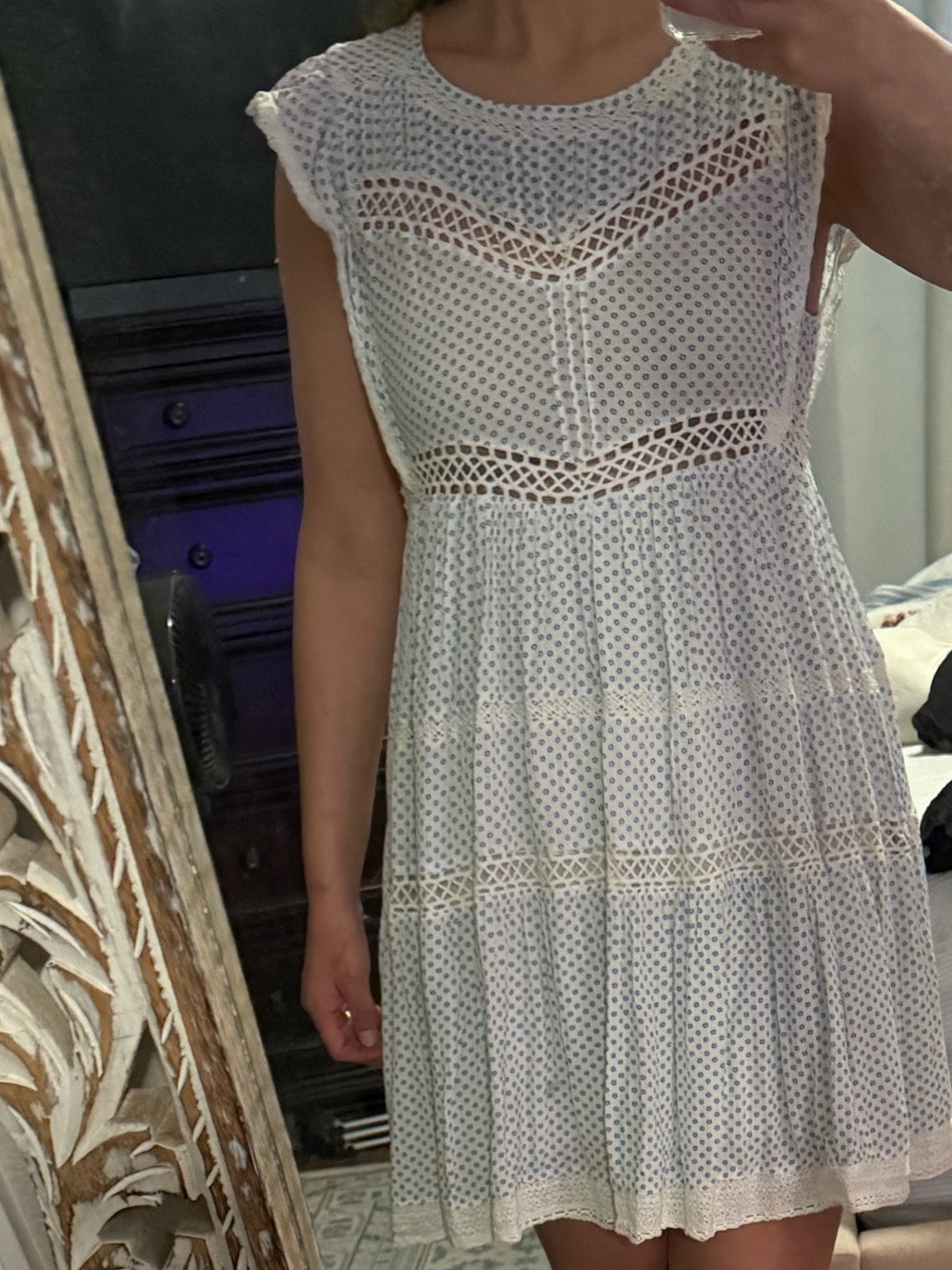 Free People Retro Kitty Crochet Trim Dress Ivory Blue - Picture 3 of 6